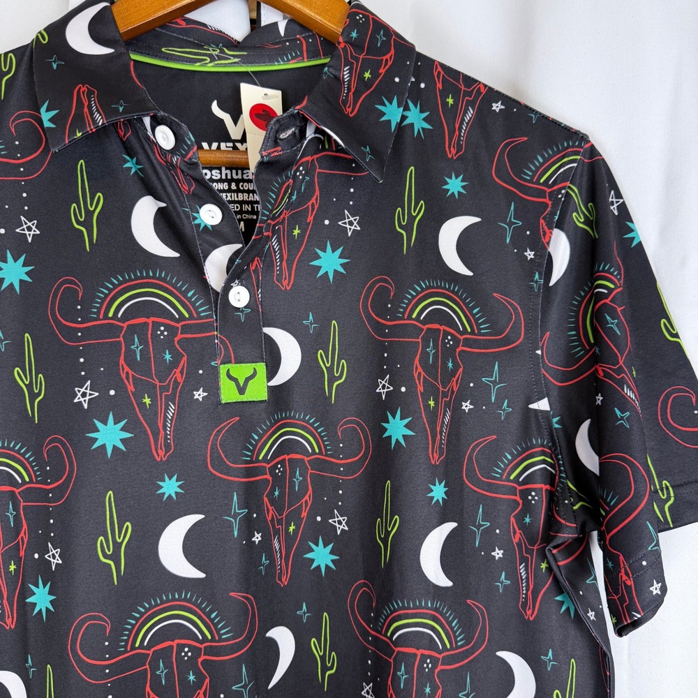 Vexil Brand Mens Joshua Western Bull Skull Cactus Print Performance Polo Shirt M
